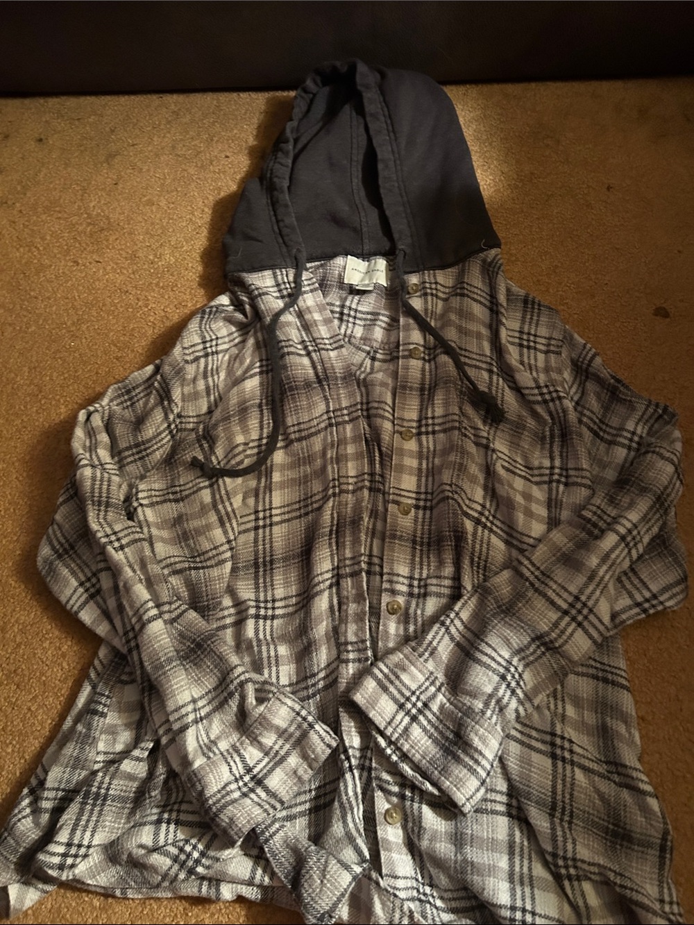 American Eagle Black and Gray Plaid Hooded Shirt Jacket